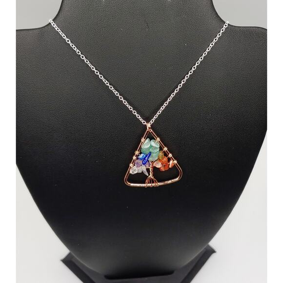 Handmade Tree of Life Necklace Gemstone Chips 20" Sterling Silver Chain - Picture 2 of 3